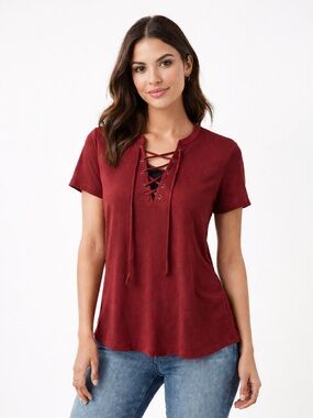 Z Supply Burgundy Lace-Up Short Sleeve Tee